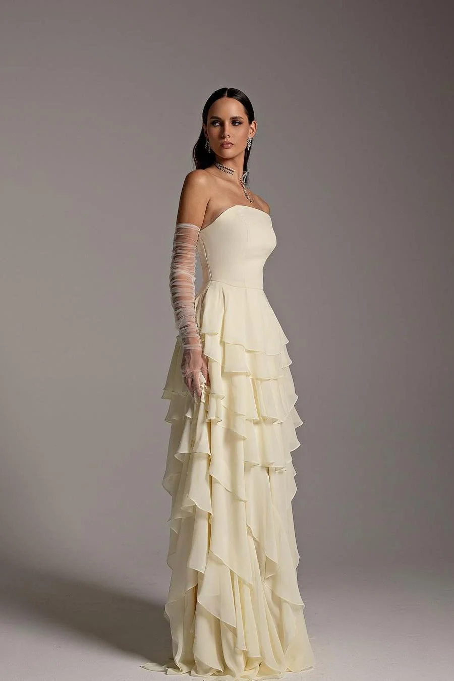 Charming Strapless Sleeveless Square Ruffles Long Prom Dress With Gloves