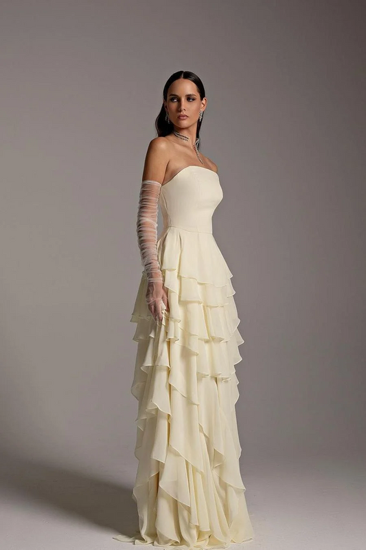 Charming Strapless Sleeveless Square Ruffles Long Prom Dress With Gloves