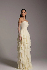 Charming Strapless Sleeveless Square Ruffles Long Prom Dress With Gloves