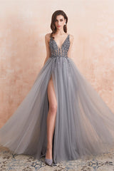 Gorgeous Silver Grey V-Neck Prom Dress Tulle Split With Beads