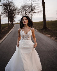 Elegant A-line V-neck Tulle Wedding Dress with Appliques