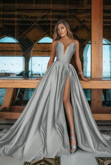 Emerald Green V-Neck Prom Dress Long with Split