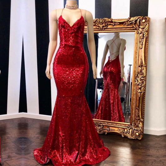 Amazing Red Sequins Mermaid Prom Dress Long With Appliques