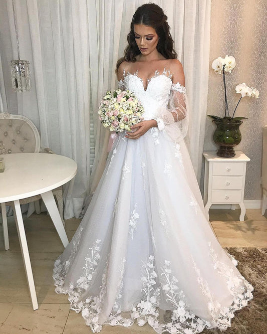 Elegant Off-the-shoulder Princess Wedding Gown with Long Tulle Skirt and Bubble Sleeves