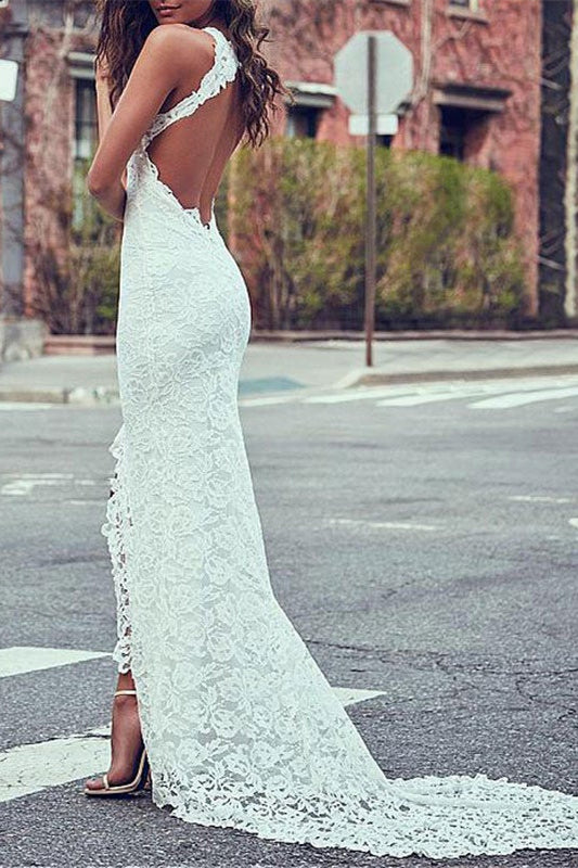 Summer Beach Wedding Dress with High Neck and Lace