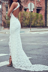 Summer Beach Wedding Dress with High Neck and Lace