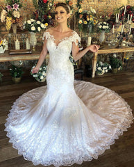 Long Mermaid Wedding Dress with Elegant Sweetheart Neckline and Lace Cap Sleeves