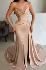 New Arrival V-Neck Sleeveless Mermaid Prom Dress Pearls With Split Ruffles