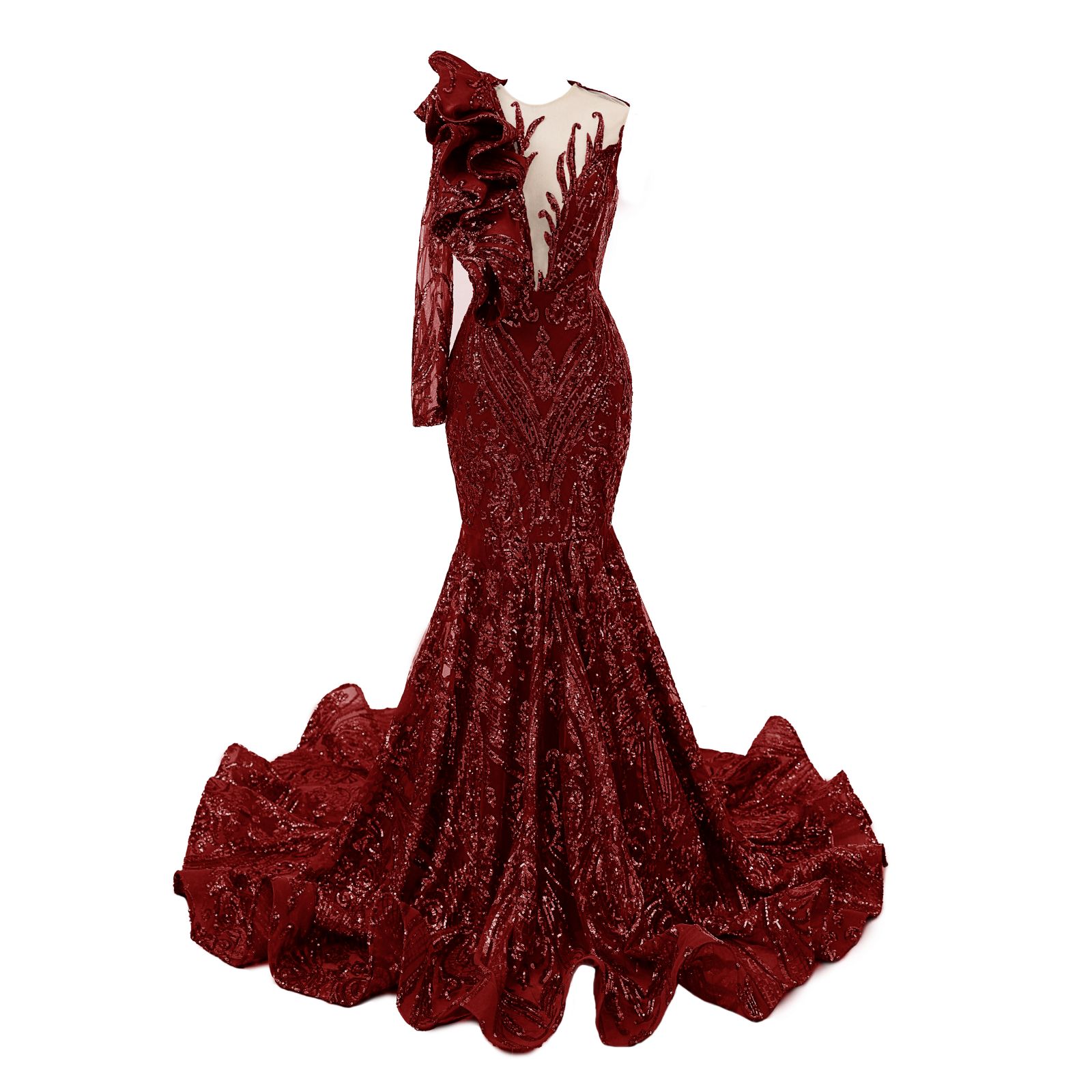 Classic One Shoulder Long Sleeves Prom Dress Mermaid Sequins With Ruffles