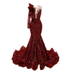 Classic One Shoulder Long Sleeves Prom Dress Mermaid Sequins With Ruffles