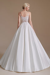 Elegant V-neck A-line Satin Wedding Gown with Lace Appliques