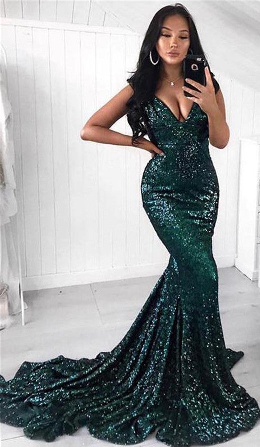Glamorous Dark Green Sequined V-Neck Sleeveless Mermaid Prom Dress Online