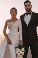 Elegant One Shoulder A-line Wedding Gown with Sequins and Long Sleeves