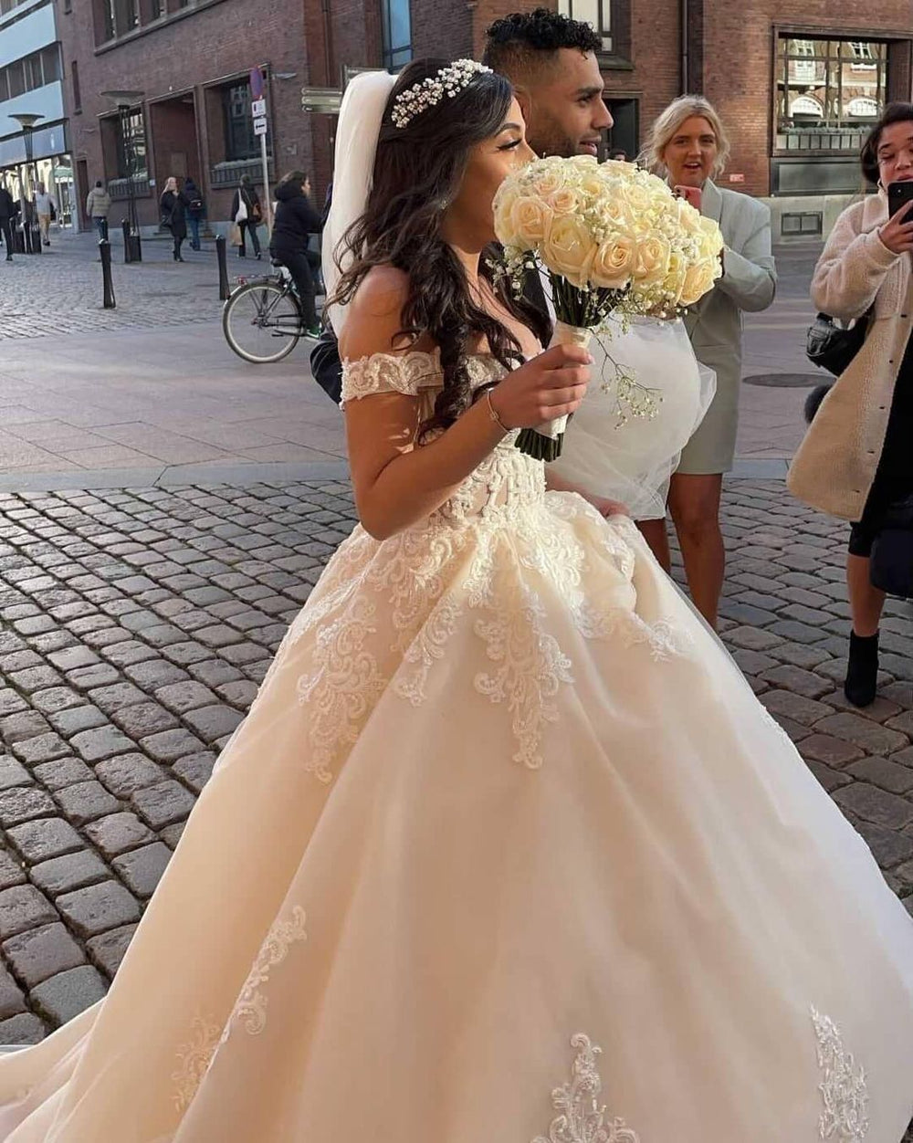 Princess A-line Wedding Gown in Romantic Off-The-Shoulder Tulle with Lace