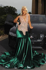 Modern Dark Green Velvet Mermaid Prom Dress Sleeveless Long With Beadings