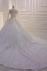 Elegant High-neck Ball Gown with Long Sleeves, Ruffles, and Lace Appliques