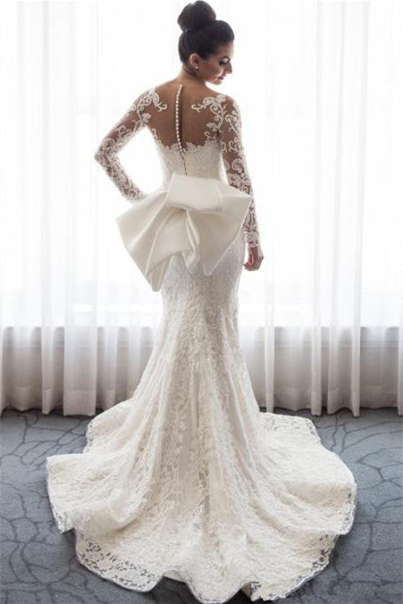 Stunning Mermaid Lace Wedding Gown with Long Sleeves and Detachable Bowknot Skirt