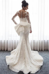 Stunning Mermaid Lace Wedding Gown with Long Sleeves and Detachable Bowknot Skirt