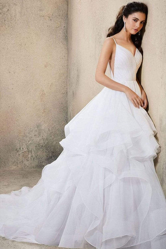 V-neck A-line Wedding Dress with Elegant Ruffles, Spaghetti Straps, and Tulle Backless Design