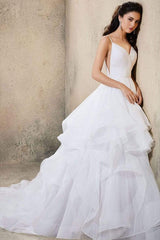 V-neck A-line Wedding Dress with Elegant Ruffles, Spaghetti Straps, and Tulle Backless Design