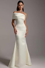 Elegant White Satin Long Mermaid Wedding Dress with One Shoulder and Strapless Pleated Design