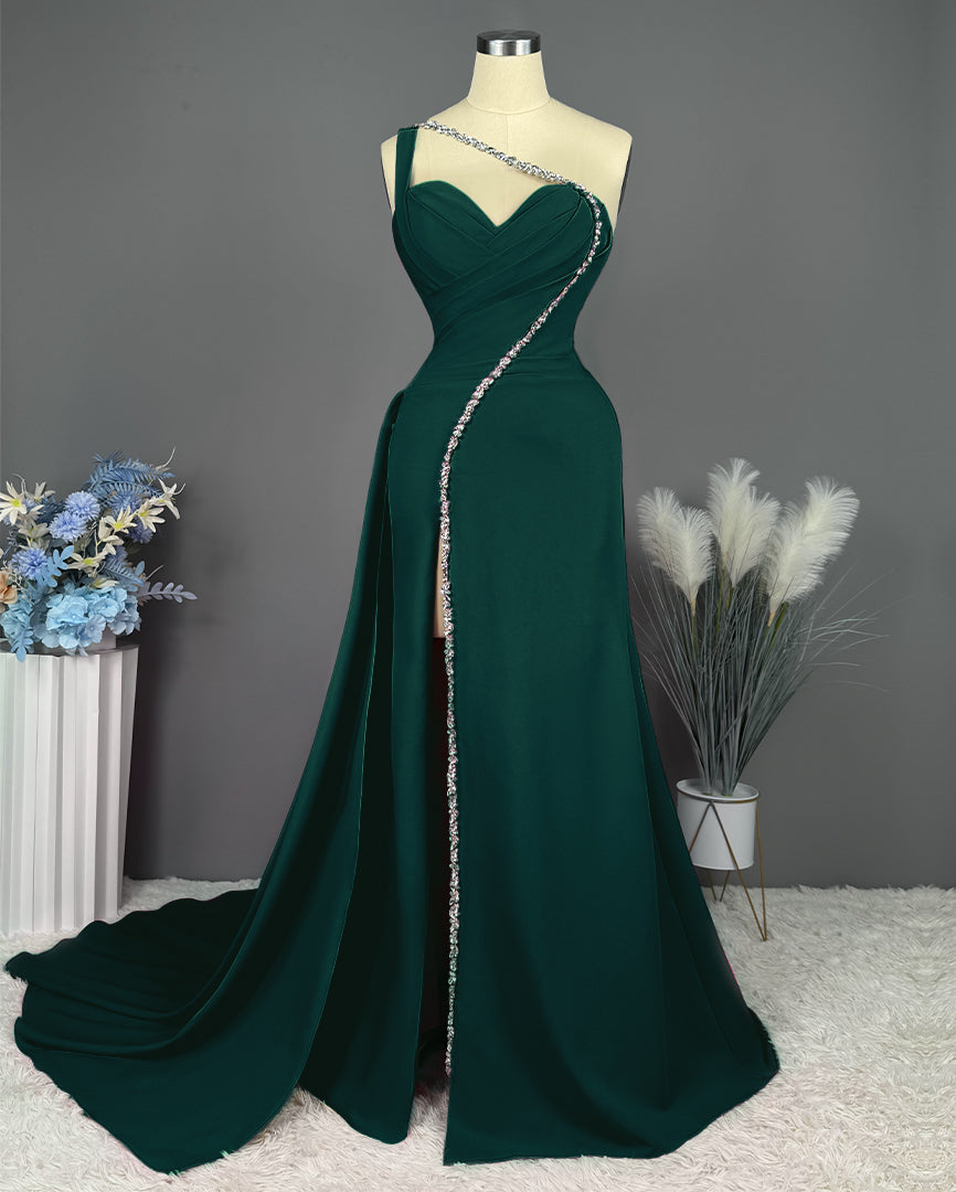 Fuchsia Evening Dress Long One Shoulder With Slit Pleated Beadings