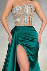 Gorgeous Strapless Dark Green Prom Dress Mermaid Long Split With Crystal