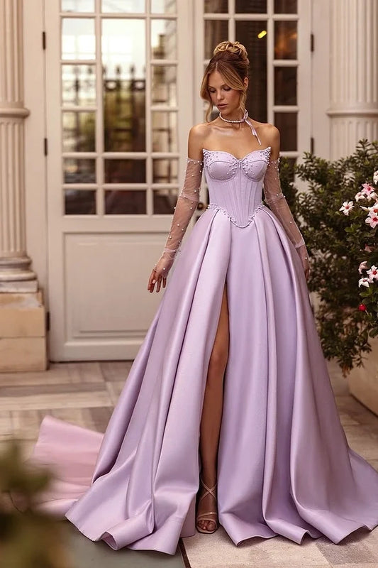Purple Sleeveless Strapless Sweetheart A-Line Beads Prom Dress