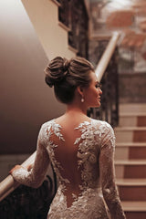 Elegant Backless Mermaid Wedding Gown with Vintage High Neck, Long Sleeves, and Lace Appliques