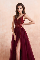 Gorgeous Burgundy V-Neck Sleeeveless Prom Dress Split With Beads Tulle Long