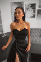 Elegant Sweetheart Black Mermaid Prom Dress Split Long With Pleats