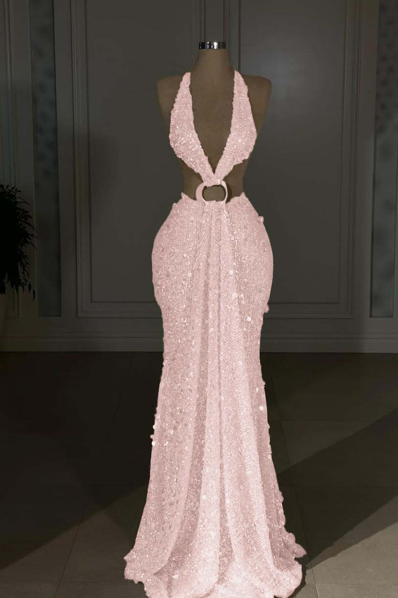 Glamorous Gold Halter Backless Sequin Evening Dress
