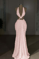 Glamorous Gold Halter Backless Sequin Evening Dress
