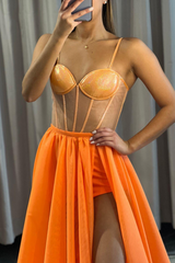 Orange A Line Spaghetti Straps High Split Long Prom Dress