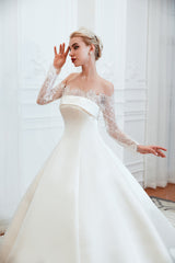 Elegant A-Line Satin Wedding Dress with Off-the-Shoulder Lace Long Sleeves