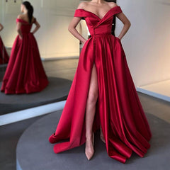 Fabulous Off-the-Shoulder Long Split Prom Dress With Pockets