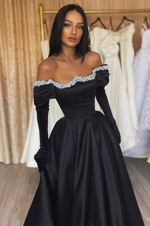Elegant Off-the-Shoulder Black Prom Dress Long A-Line With pearls
