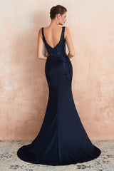 New Arrival Dark Navy Sleeveless Mermaid Prom Dress Long With Appliques