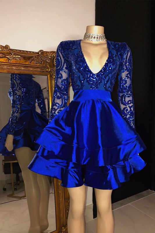 Long Sleevess Royal Blue Sequins Prom Dress Short Party Gowns