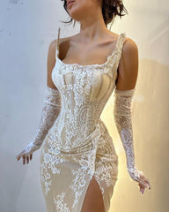 Beautiful Strapless Lace Prom Dresses High Split Long 
