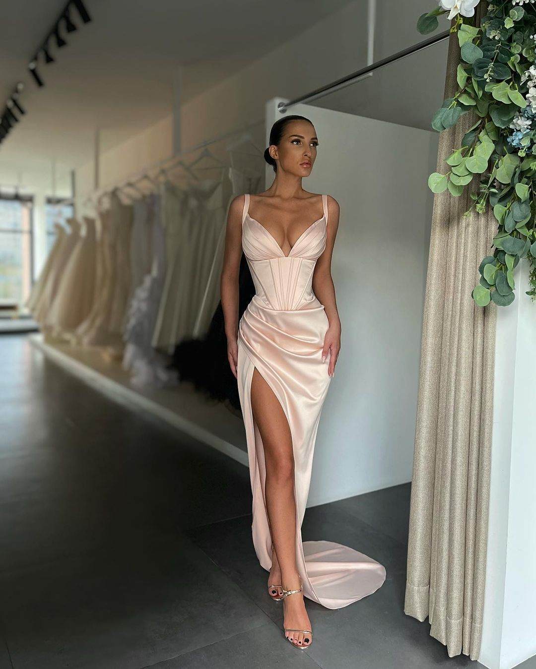 Blushing Pink Pleated Prom Dress V Neck High Slit