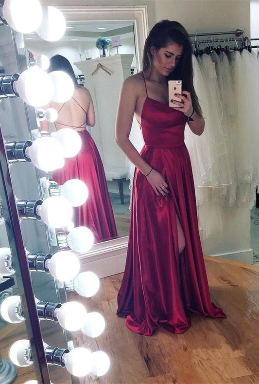 Glamorous Spaghetti-Straps Long Prom Dresss Split With String Back