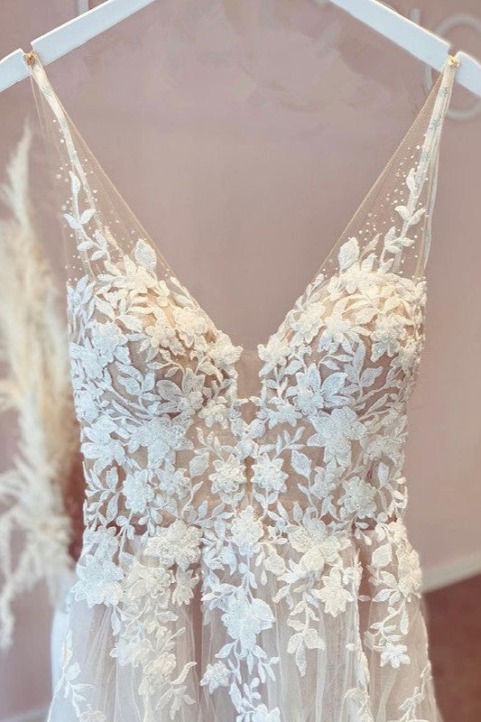 Elegant V-neck A-line Bridal Gown with Open Back and Tulle Lace Appliques