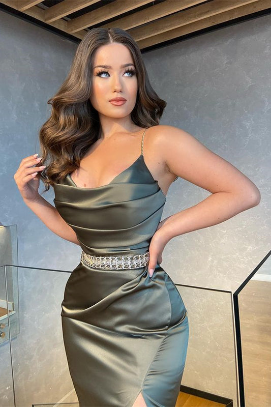 Glamorous Spaghetti-Straps Mermaid Slit Prom Dress Long