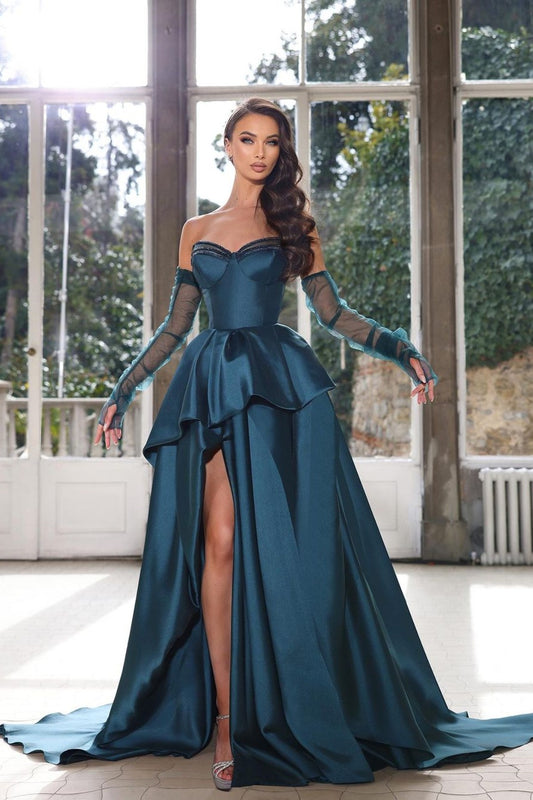Glamorous Half Sleeves Ink Blue Prom Dress Strapless With High Slit Gown