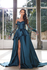 Glamorous Half Sleeves Ink Blue Prom Dress Strapless With High Slit Gown