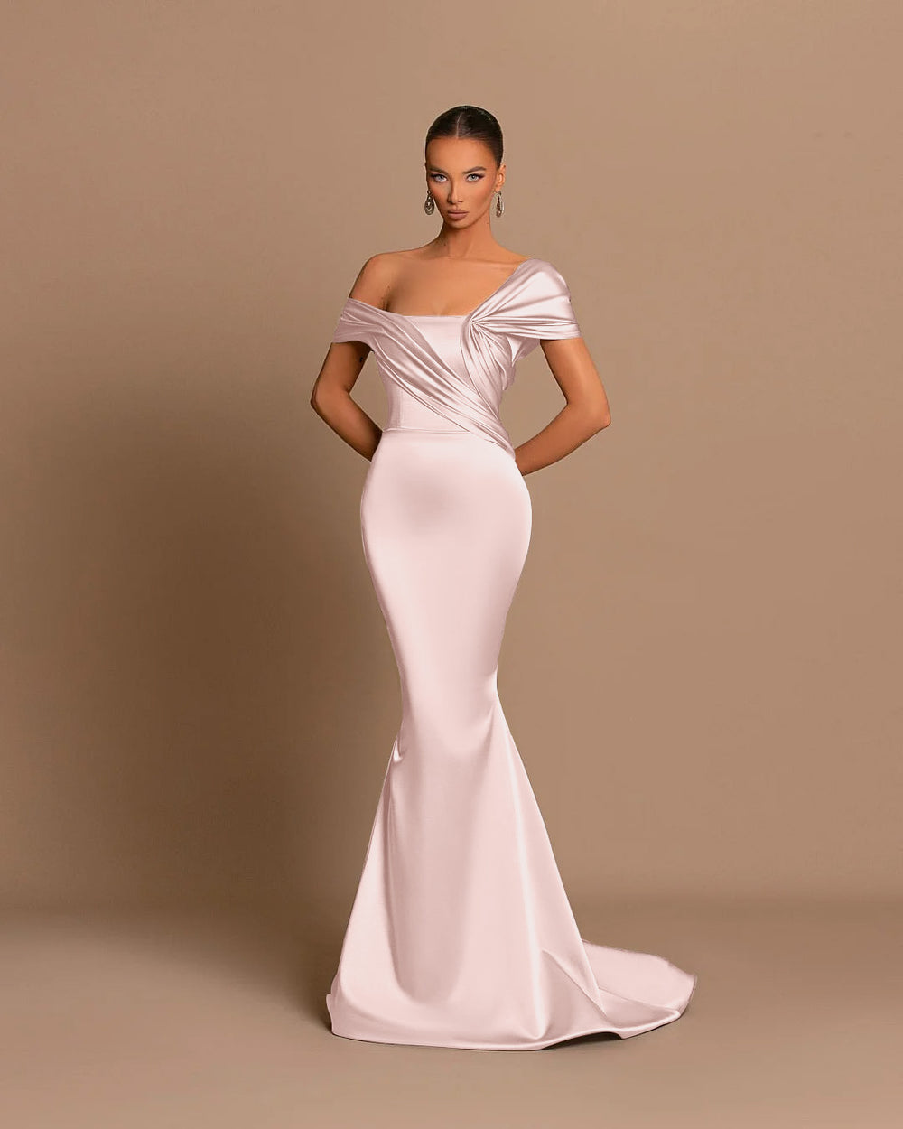 Grey Evening Dress Off-the-Shoulder Bateau Pleated Gown