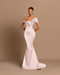 Grey Evening Dress Off-the-Shoulder Bateau Pleated Gown