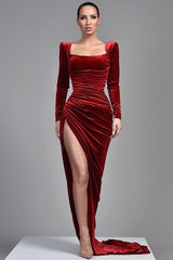 Chic Burgundy Square Long Sleeve Prom Dress Mermaid Split Velvet