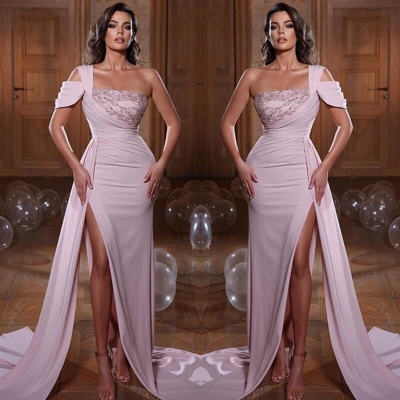 Charming One Shoulder Pink Mermaid Prom Dress Long Split Ruffles With Beads